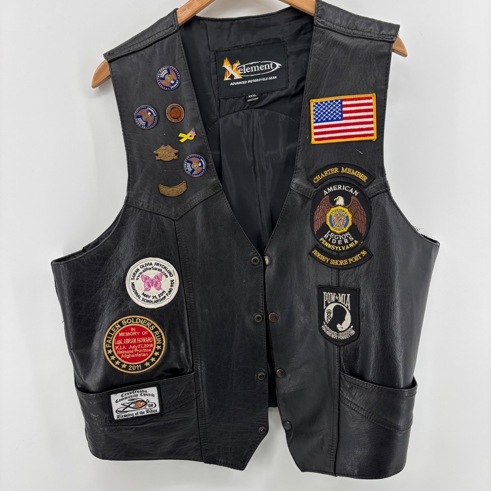 Xelement Mens Black Leather Motorcycle Vest Patches American Legion POW MIA 3XL
